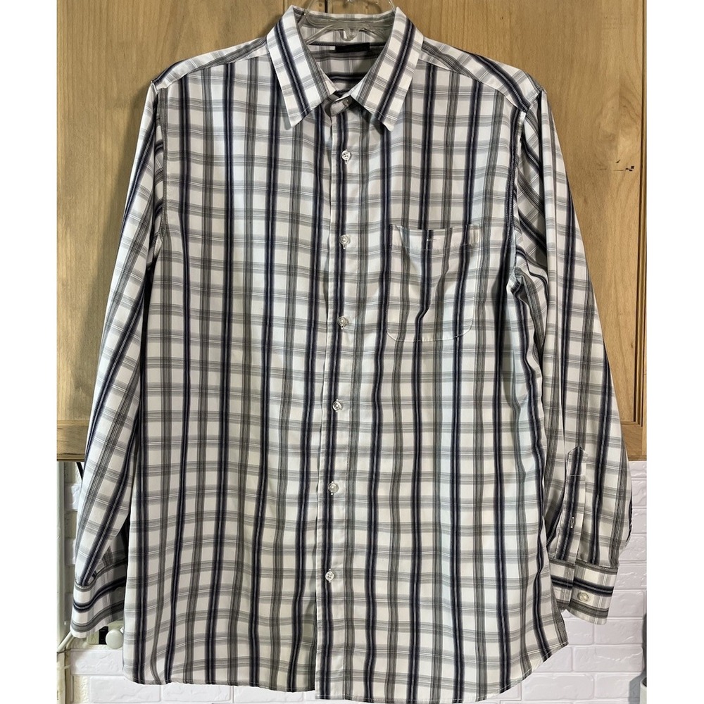 R&R Casuals Men's L Gray Blue Plaid Button‎ Down Long Sleeve Shirt